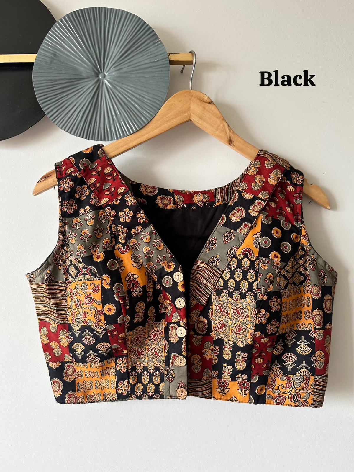Navy Blue Cotton Handblock Patchwork Print Blouse - view 2