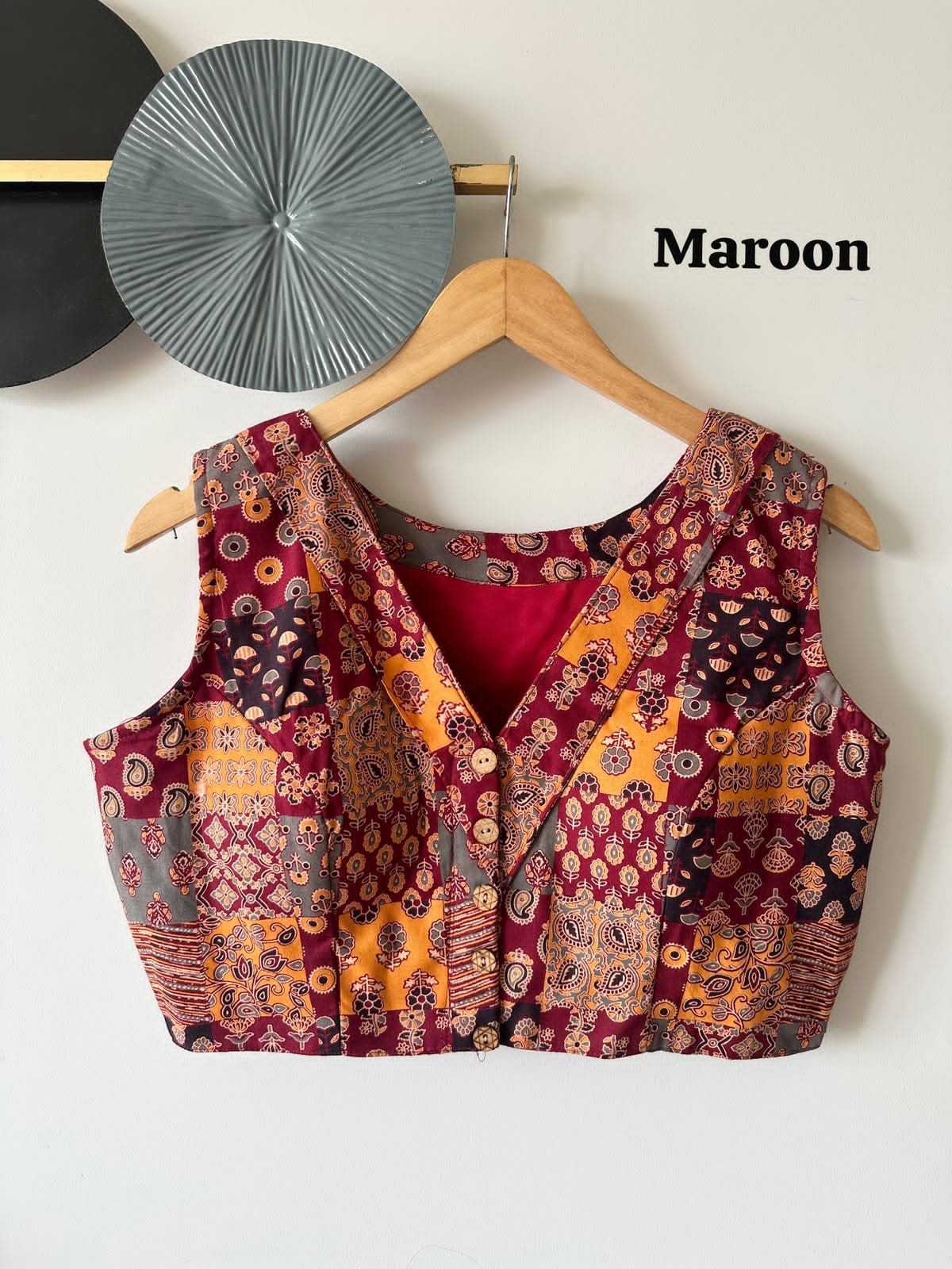 Navy Blue Cotton Handblock Patchwork Print Blouse - view 3