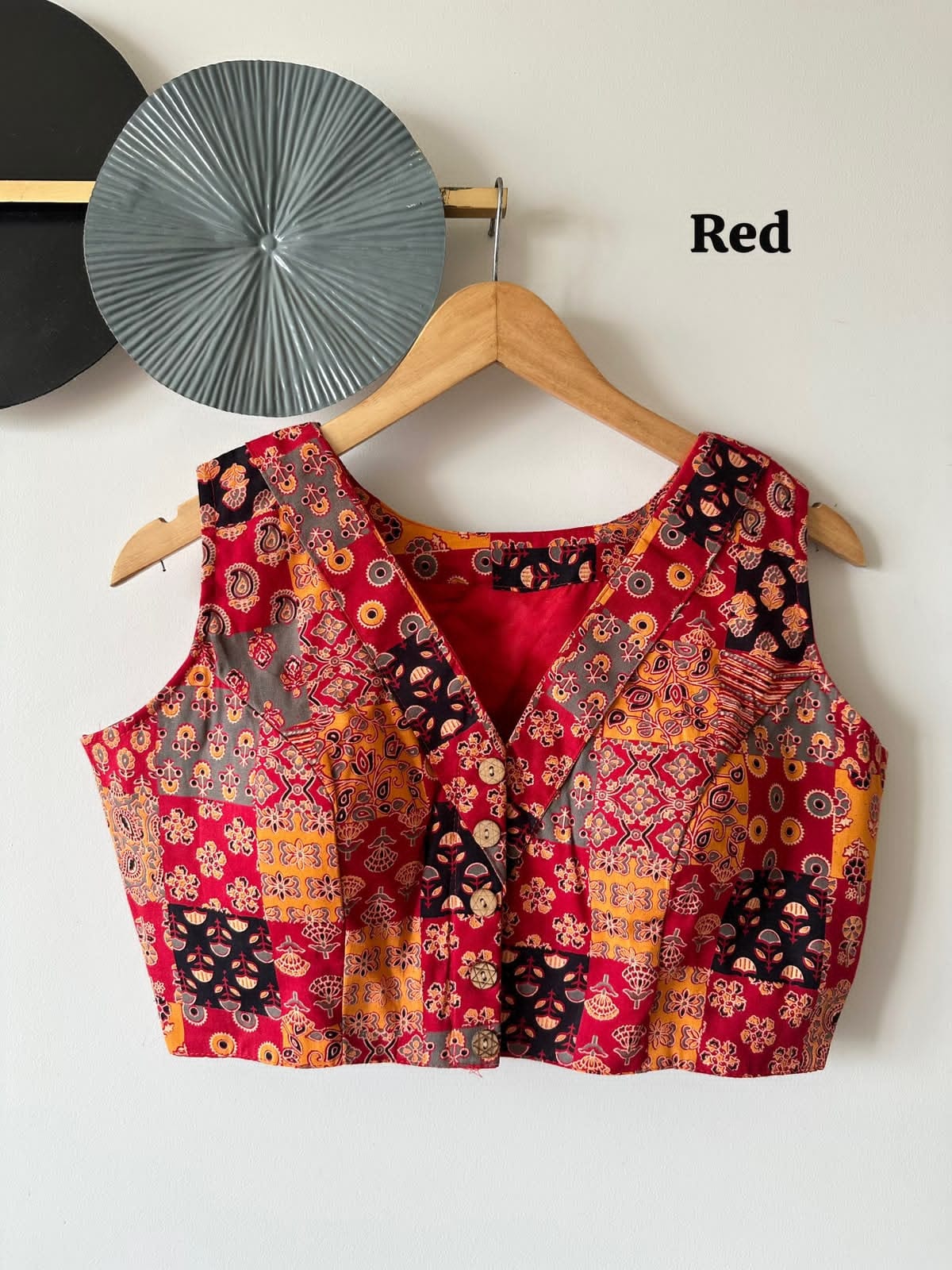 Navy Blue Cotton Handblock Patchwork Print Blouse - view 4