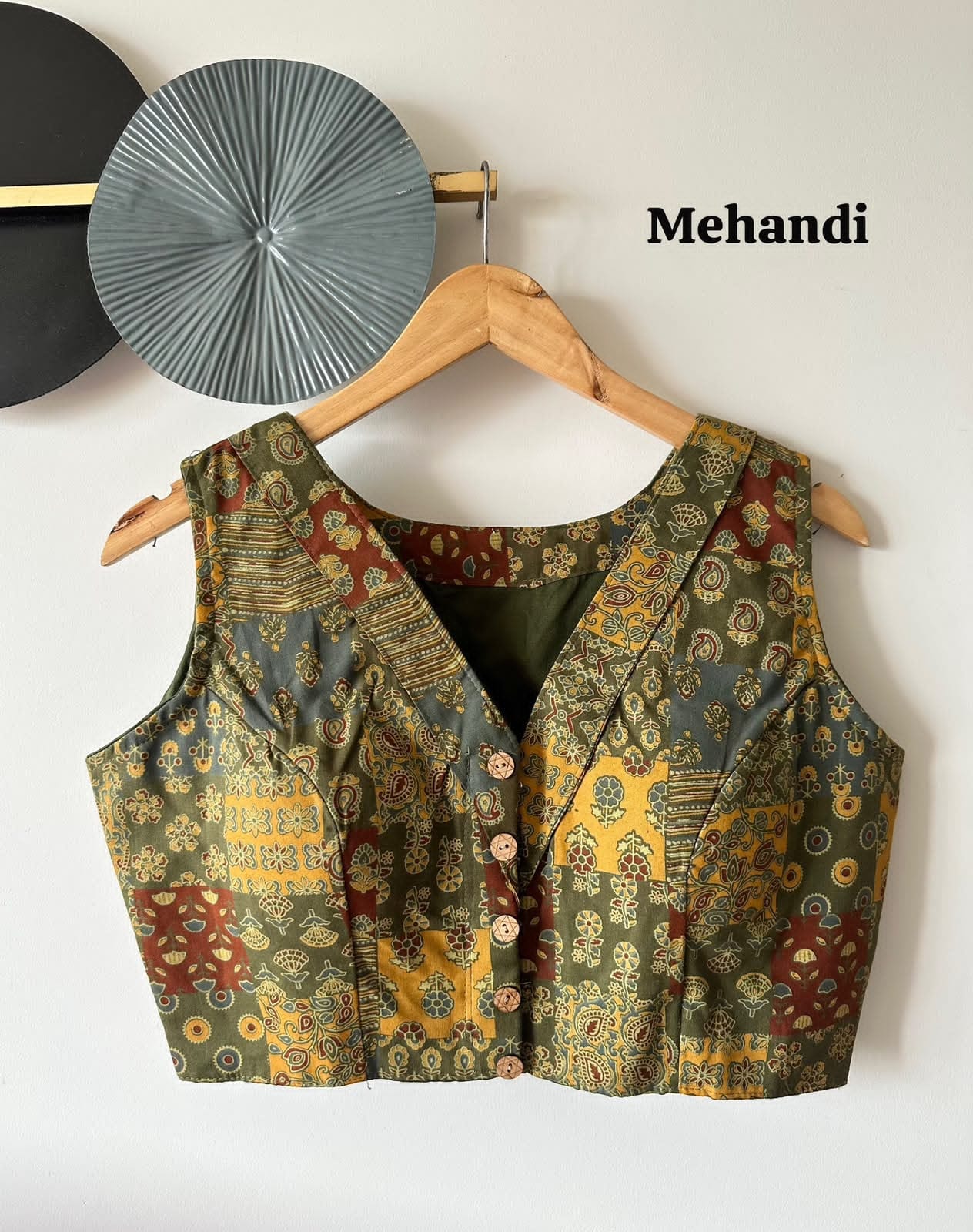 Navy Blue Cotton Handblock Patchwork Print Blouse - view 5