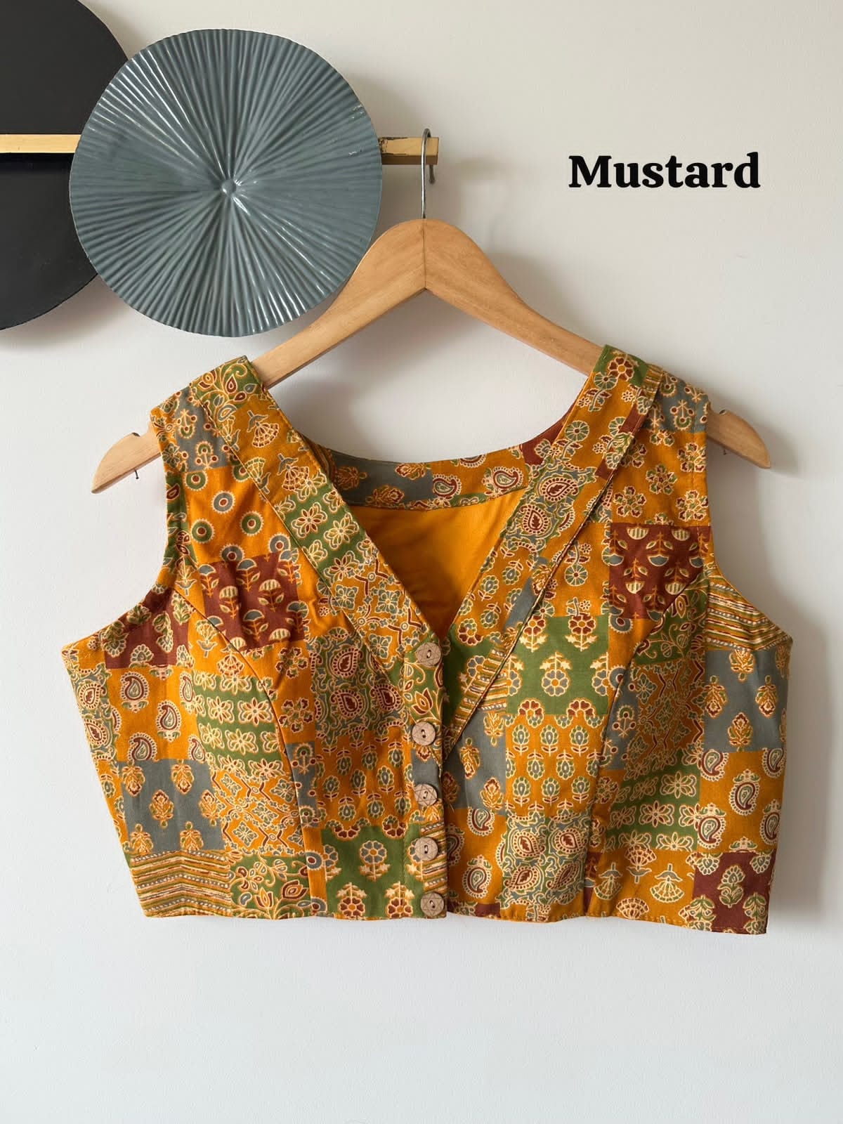 Navy Blue Cotton Handblock Patchwork Print Blouse - view 6