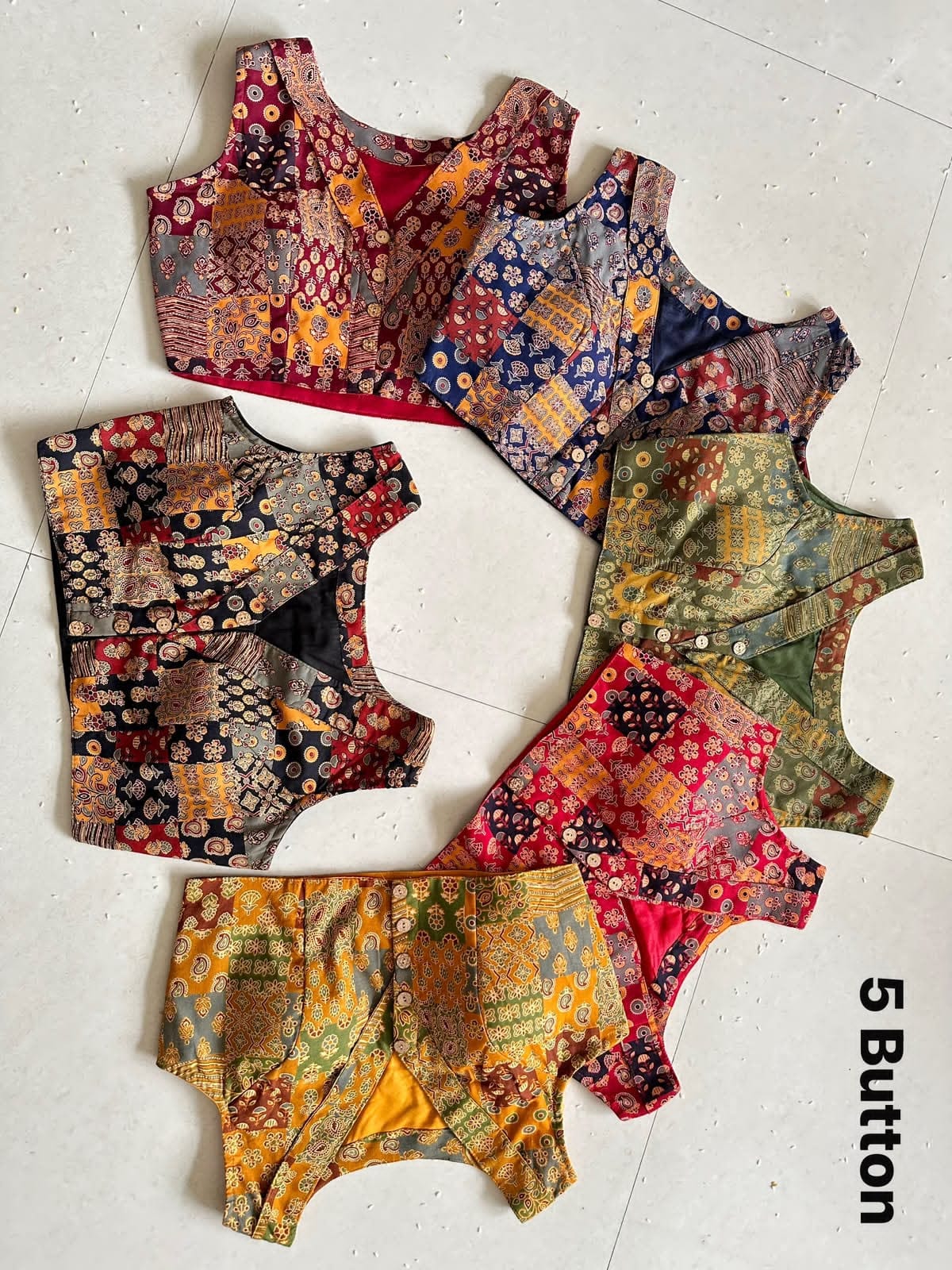 Navy Blue Cotton Handblock Patchwork Print Blouse - view 7