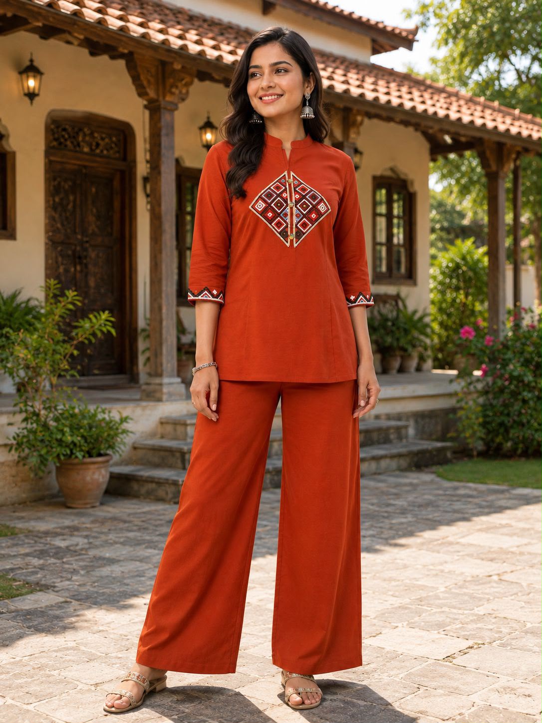 FVD Siqndar Rust Dhabu Cotton Kurti Pant Set