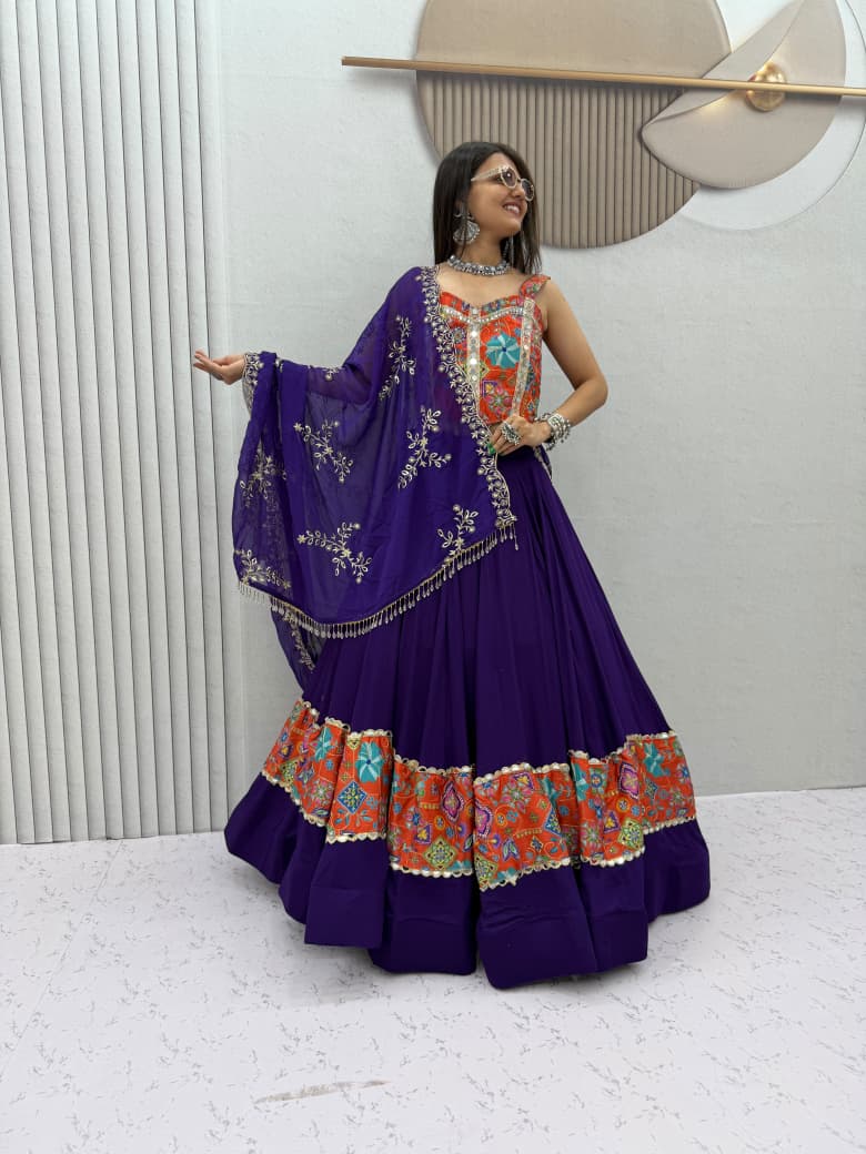Navratri Special Silk And Rayon Cotton Lehenga Choli With Mirror Work