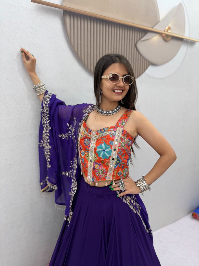 Navratri Special Silk And Rayon Cotton Lehenga Choli With Mirror Work - view 8